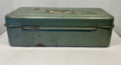 Vintage Old Fishing Tackle Box Metal Green Steel w/ Vintage Fishing Tackle Gear