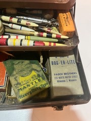 TIME CAPSULE Vintage Metal Fishing Tackle Box With Vintage Tackle WOODEN LURE