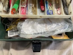 Sears – Tackle Box & Contents – Lures, Jigs, Baits, Hooks, Bobber.