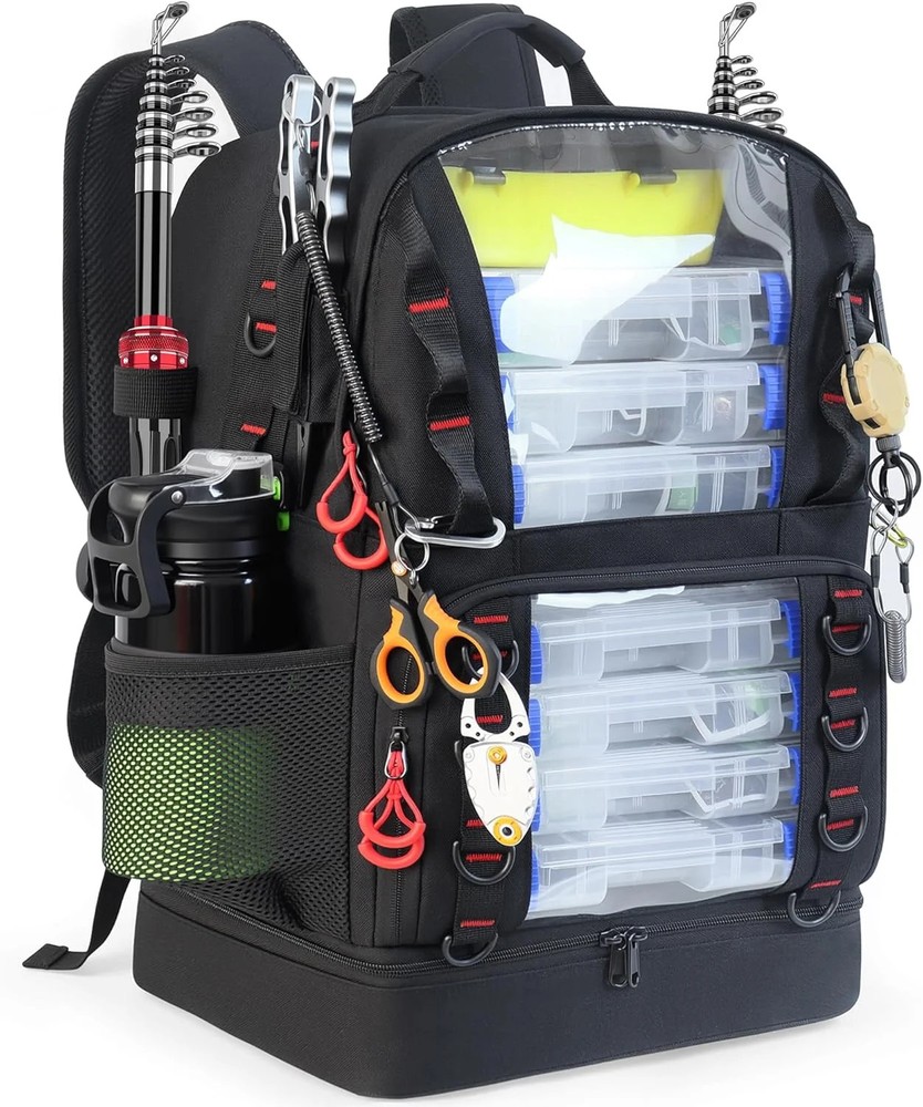 Fishing Tackle Backpack with Cooler,45L Large Tackle Bag with 2 Rod Holders