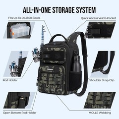 TideRex Fishing Sling Bag with 3500 Tackle Box & Fishing Gear, Black Camo.