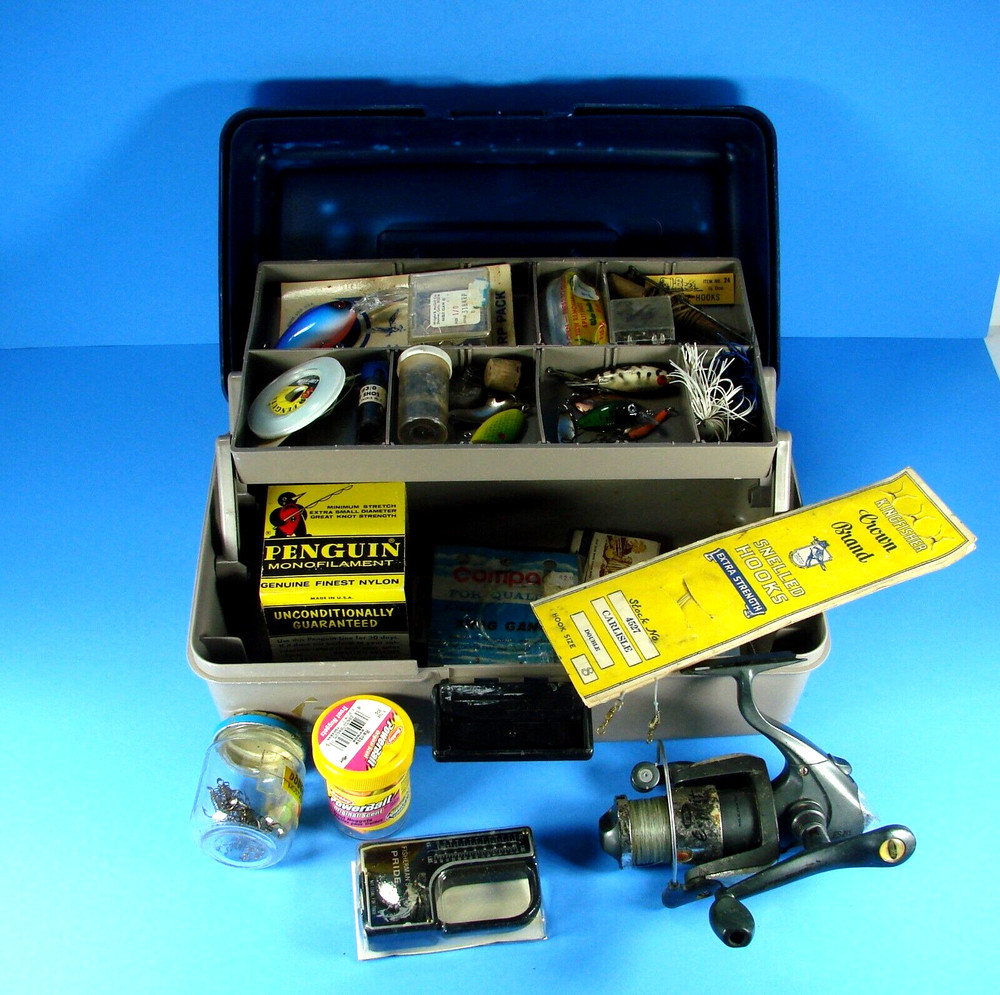 Flambeau 1 Tray Tackle Box With Lures Reel Spoons Terminal Tackle & Penquin Line