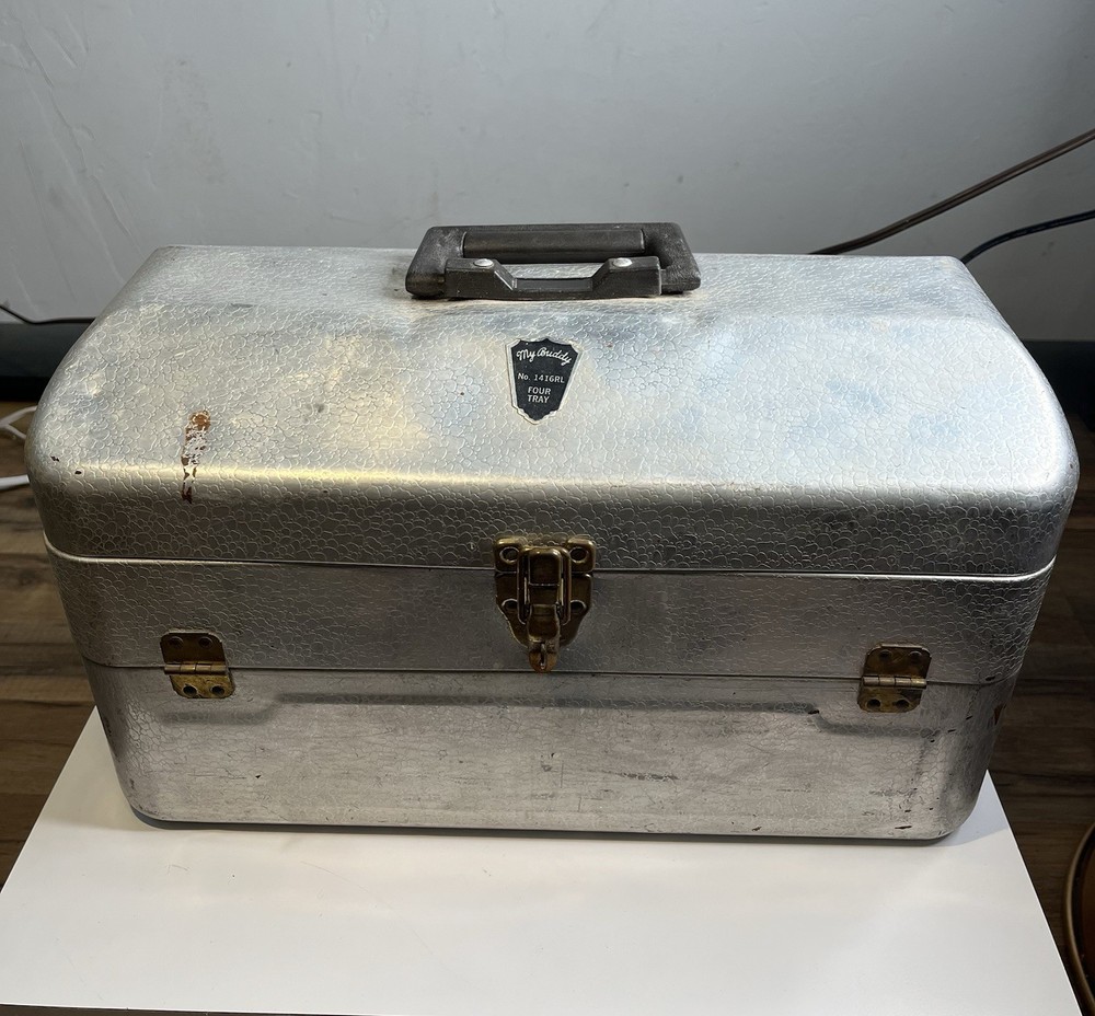 Vintage My Buddy Fishing Tackle Box No. 1416RL Aluminum 4 Tray Grandpa