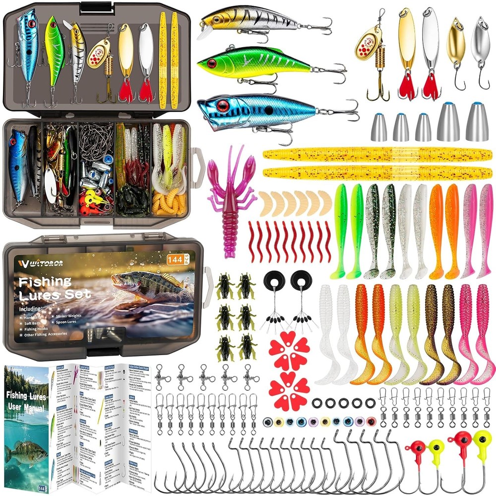 Fishing Tackle Box with Crankbaits Soft Plastic Lures Included Standard Grey