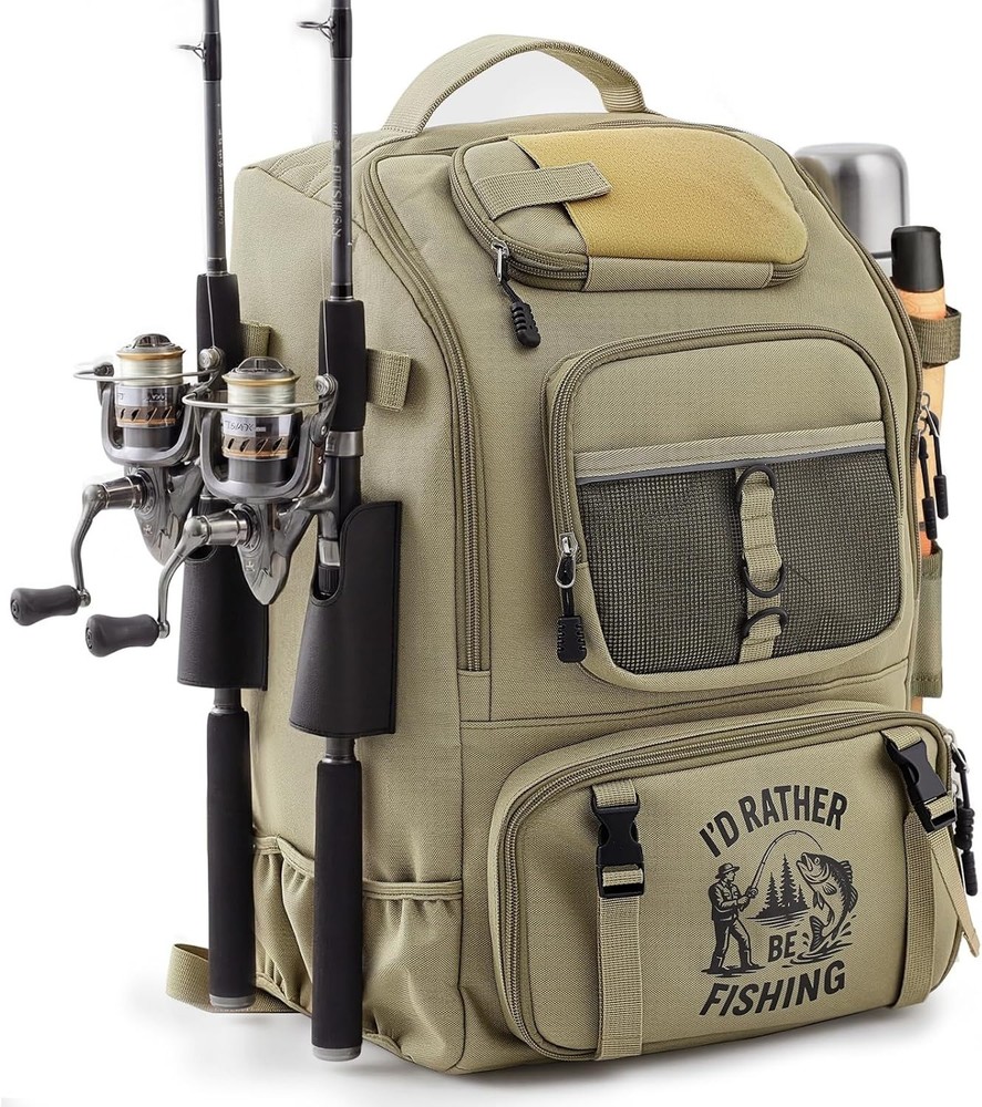 40L Fishing Tackle Backpack w/ Rod Holders Rain Cover Water Resistant