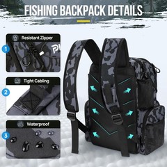 PLUSINNO Fishing Backpack 45L Rod Holders Cooler Water~Resistant Black Camo