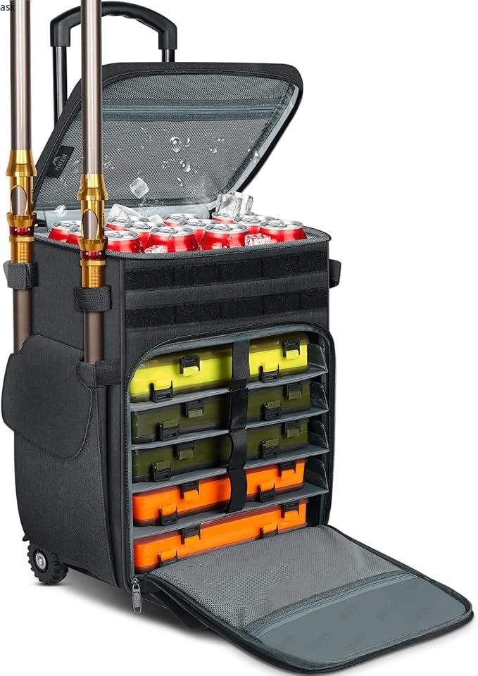 MATEIN Rolling Tackle Box with Cooler, Large Fishing Backpack with Wheels, Black