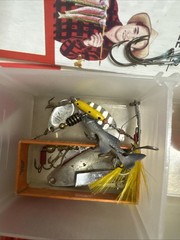 Plastic Tackle Box With Assort Items/some Vintage & InsulateGloves See Pictures