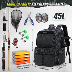 45L Fishing Backpack with Rod Holders & Rain Cover Large 900D