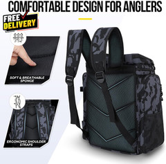 Fishing Backpack with Rod Holders Tackle Box 42L Large Water Resistant Fishing..