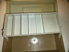 vintage Plano 5000 two-tier tackle box in a tan and brown color scheme.