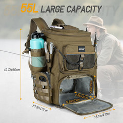 Water-Resistant Fishing Backpack with Rod Holders & Cooler Compartment, 55L