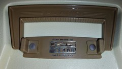 vintage Plano 5000 two-tier tackle box in a tan and brown color scheme.