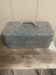 Vtg Antique Grandpas Metal Fishing Tackle Tool Box 13x6x6 Blue Color Patina