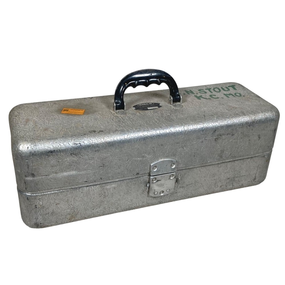 Vtg UMCO Model 400 Aluminum Silver Fishing Tackle Box 2 Tier Trays Black Handle