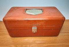 Vintage Old Pal Red Metal Fishing Tackle Box 2 Plastic Trays Steel Made in USA