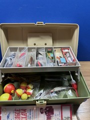 Fishing Kit VTG Plano tackle box 5410 green and tan Made In The USA ( With Gear)