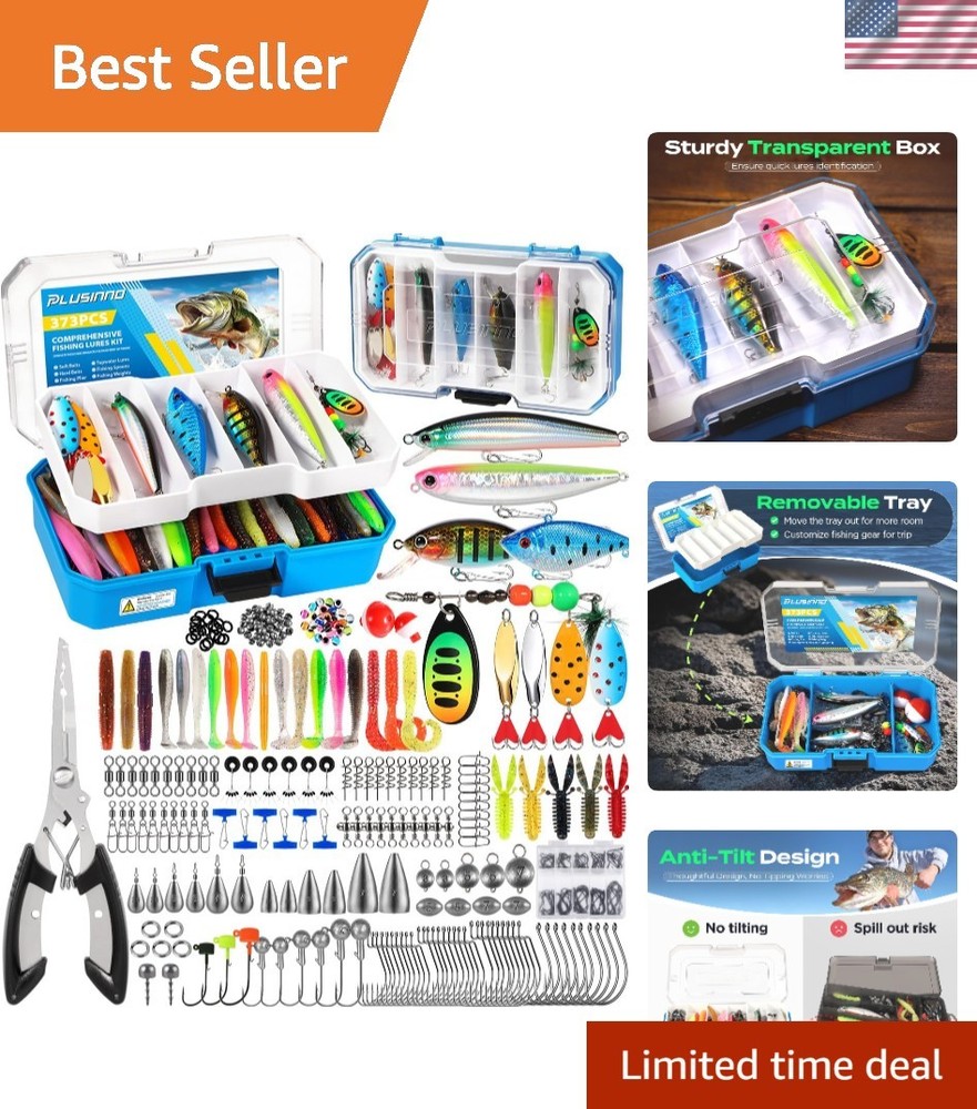 Complete Fishing Gear: 373PCS Tackle Box with Pliers & Customizable Tray