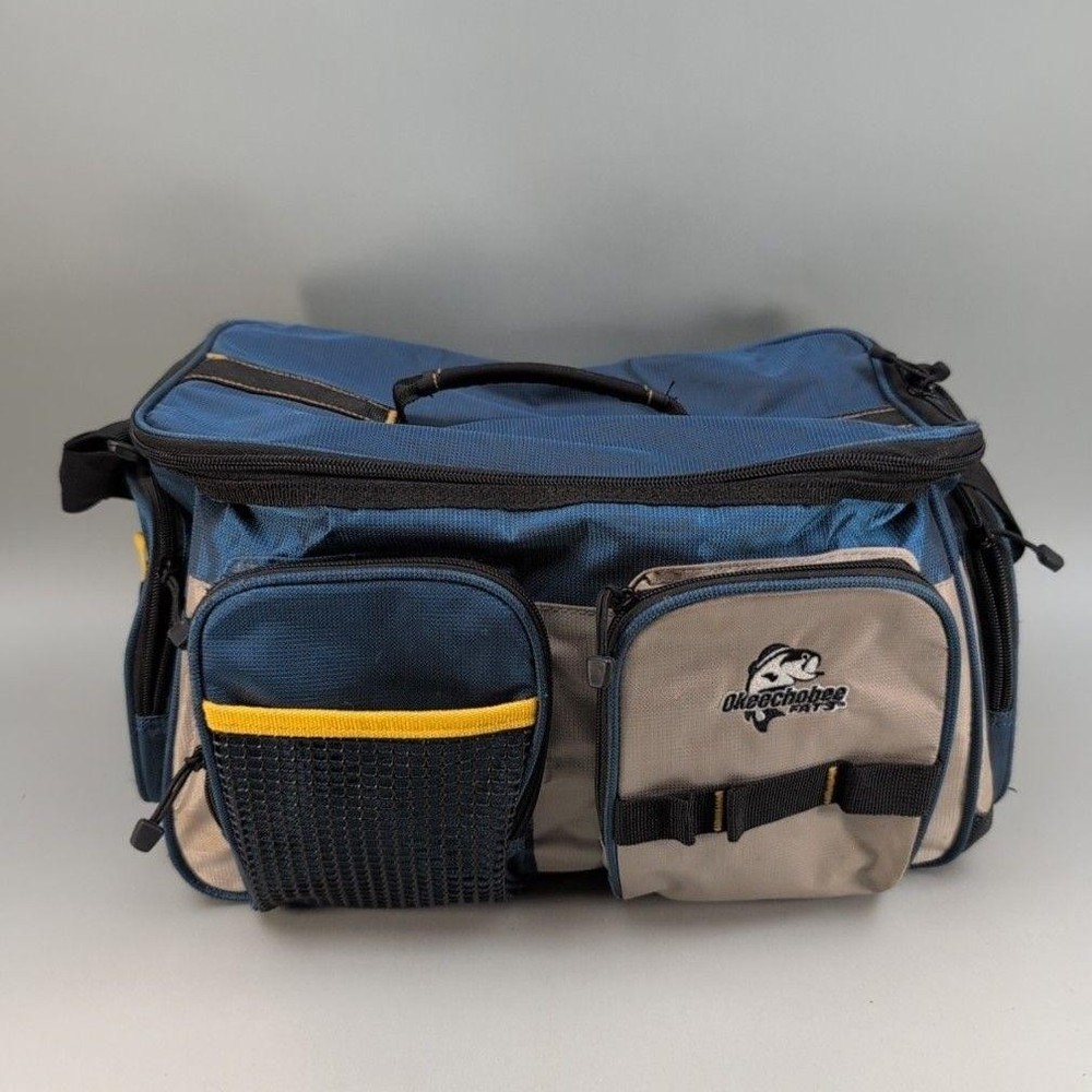 Okeechobee Fats Soft Tackle Bag Blue Tan 5 Pocket Shoulder Strap Fishing Gear