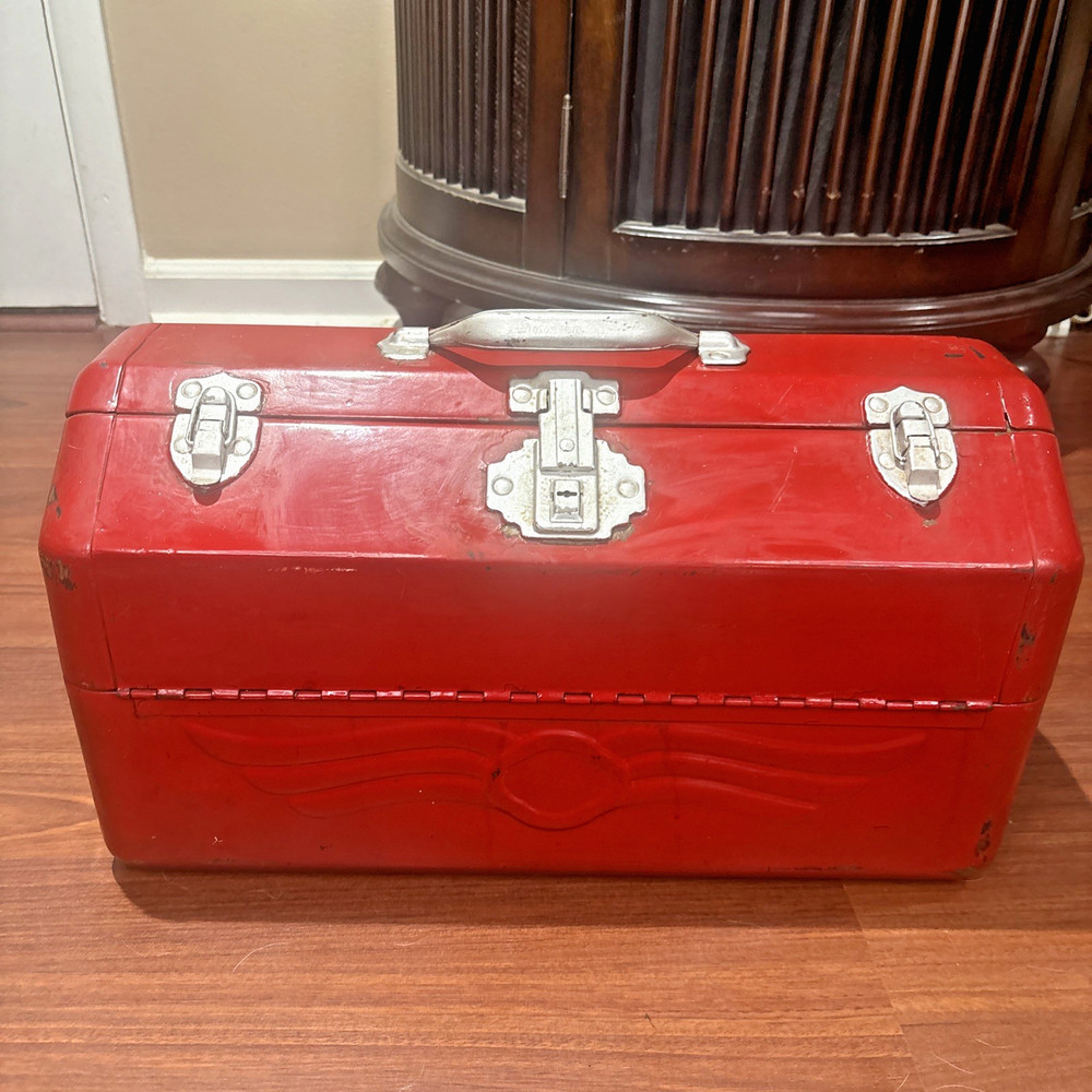 Vintage Metal Large Simonsen Tackle Box 18″x8.5″10″ Red