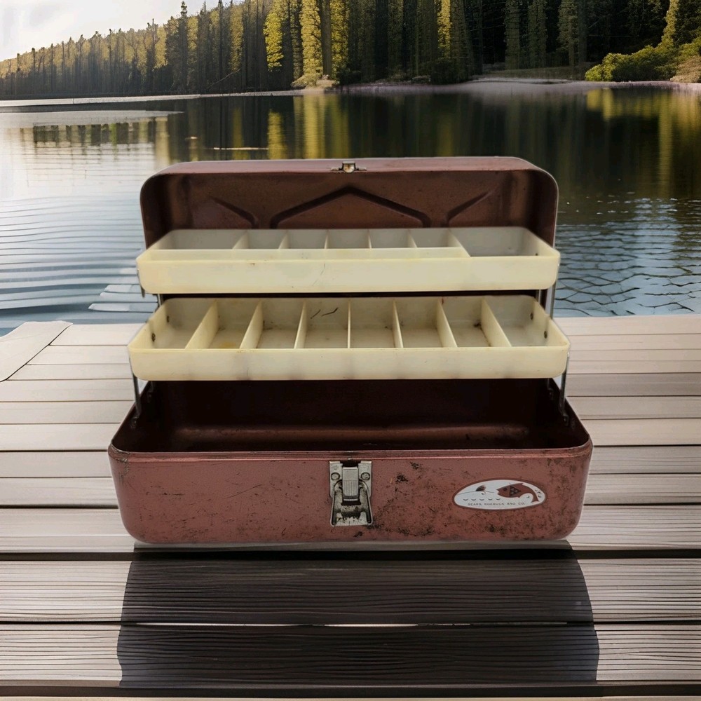 VTG Sears Roebuck & Co Copper Metal Fishing Tackle Box – Vintage!