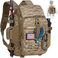 Fishing Tackle Backpack with Rod Khaki Camouflage Standard (14.2*7.1*10.6inch)