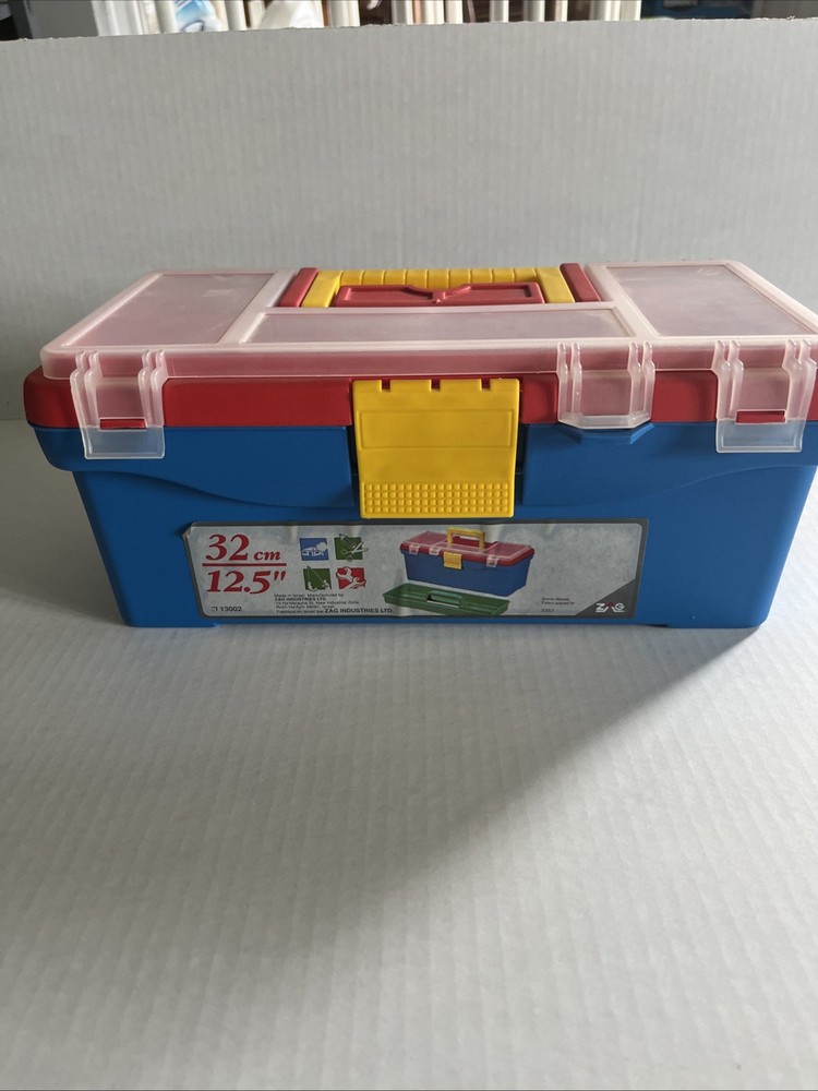 Vintage ZAG LTD Plastic Art Toy Tackle Tool box Blue Red Yellow Green 12.5”