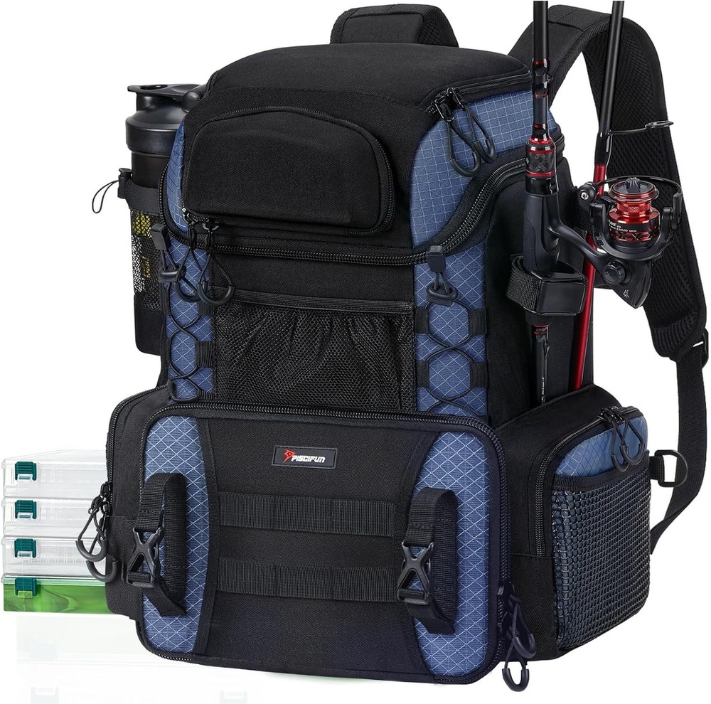 Fishing Tackle Backpack with Rod Holders & 4 Tackle Boxes