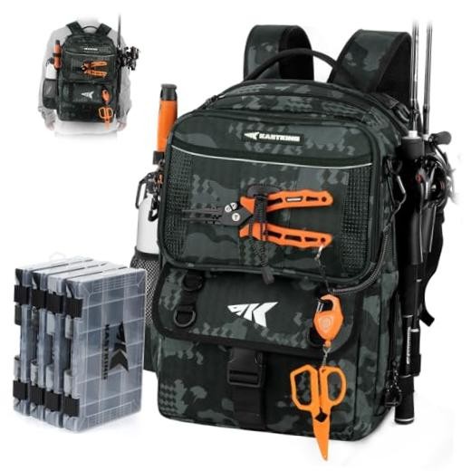 BaitSpace Fishing Tackle Backpack B: Black Camo (With (4) 3600 Tackle Boxes)