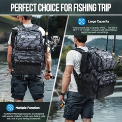 Cooler Fishing Backpack with Rod Holders 45L Large Water-resistant Black Camo
