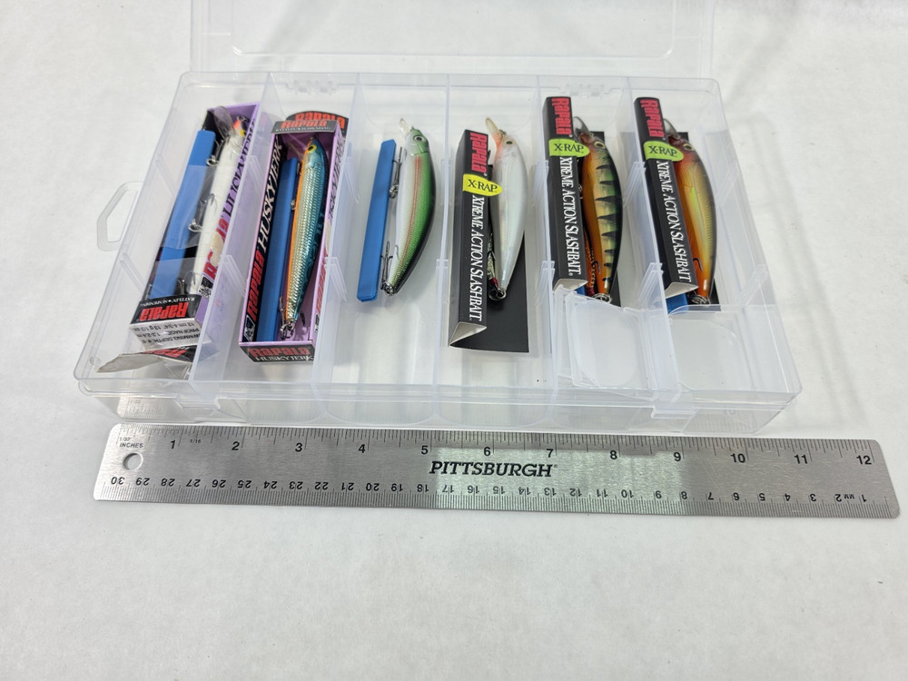 Lot of 6 Rapala Fishing Lures in Clear Plano Tackle Box