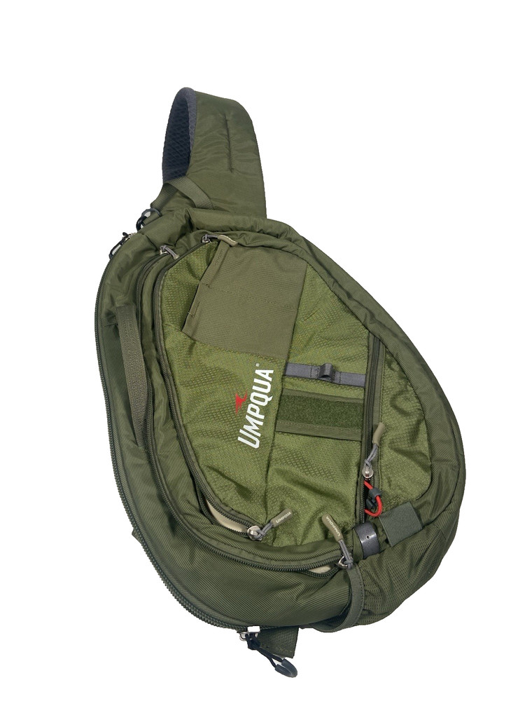 UMPQUA Steamboat Fly Fishing Sling Pack Adjustable Shoulder Bag Olive Green Fish