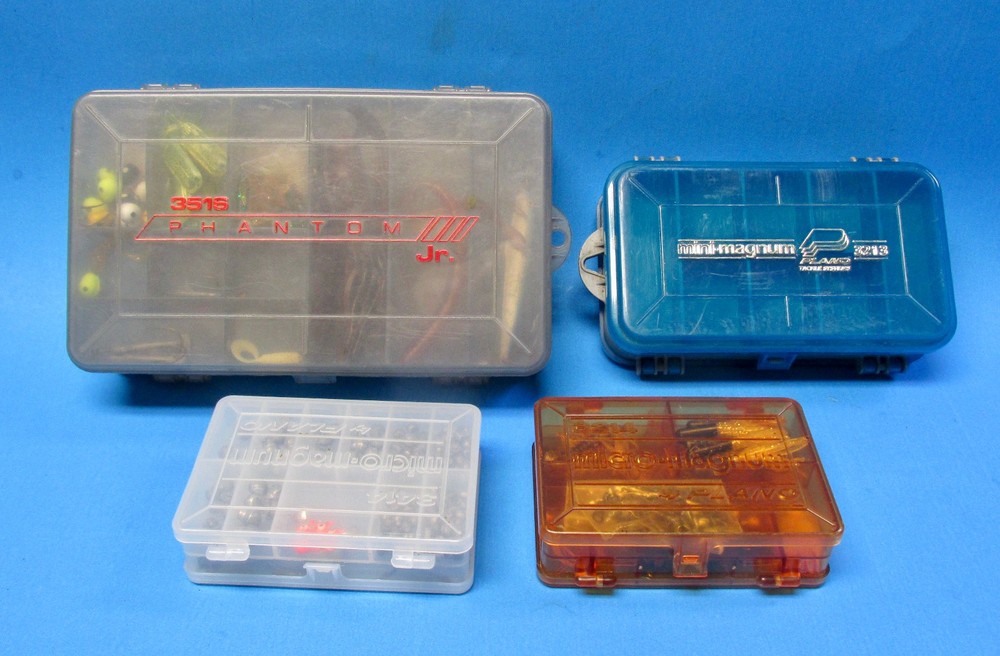 4 Plano Boxes 3213, 3214, 3414, 3516 Fishing Boxes w Lures Flies Sinkers Hooks