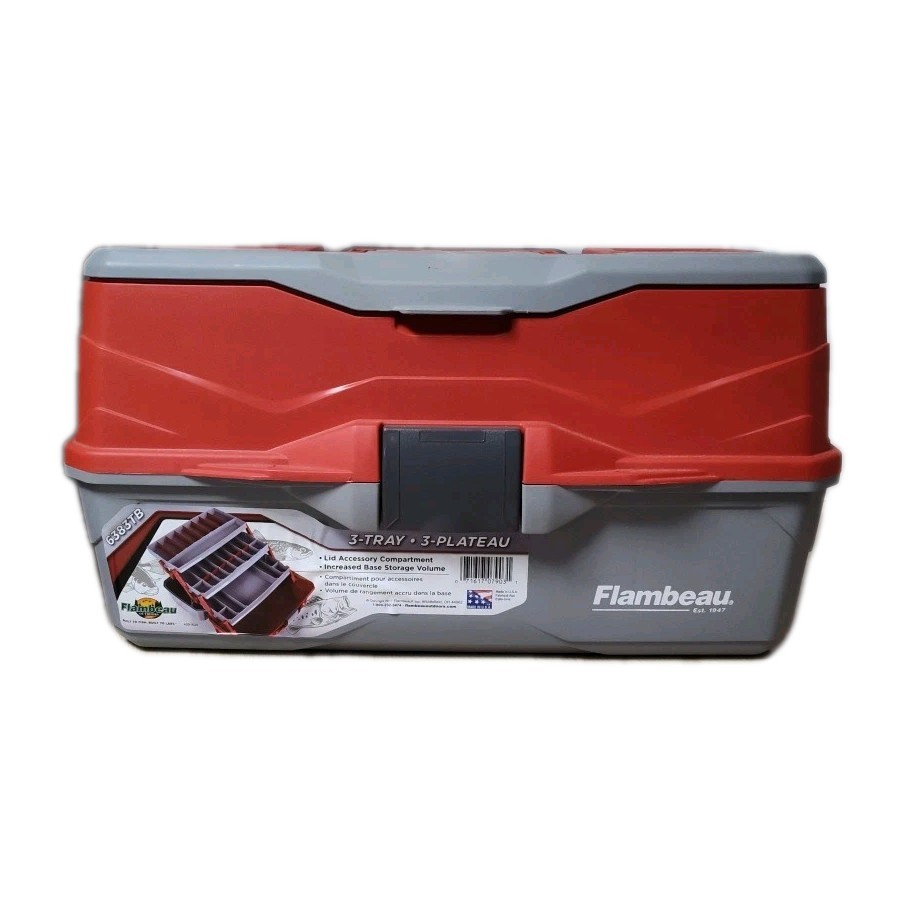 Flambeau 3-Tray Tackle Box – 32 Compartment Organizer, Water-Resistant, Red/Gray