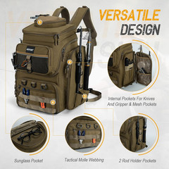 Water-Resistant Fishing Backpack with Rod Holders & Cooler Compartment, 55L