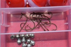 Plano Fishing Tackle Box Bobbers Hooks Sinkers Blue Crappie Jigs Plastic Worms