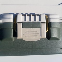 Plano 1 tray fishing tackle box dual top access brass latch green beige USA