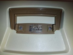 vintage Plano 5000 two-tier tackle box in a tan and brown color scheme.