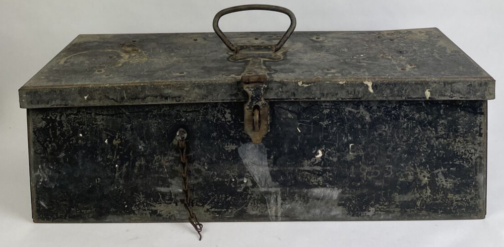 Vtg Mid-Century 1953 Military Black Metal Fishing Tackle Tool Box Embossed LOOK