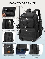 SKYSPER 40L Water-Resistant Tackle Backpack w/ Rod Holder, Gear Storage (Black)