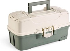 Two-Tray Tackle Box Plastic Green/Tan with Brass Latch Top-Access Deep Storage