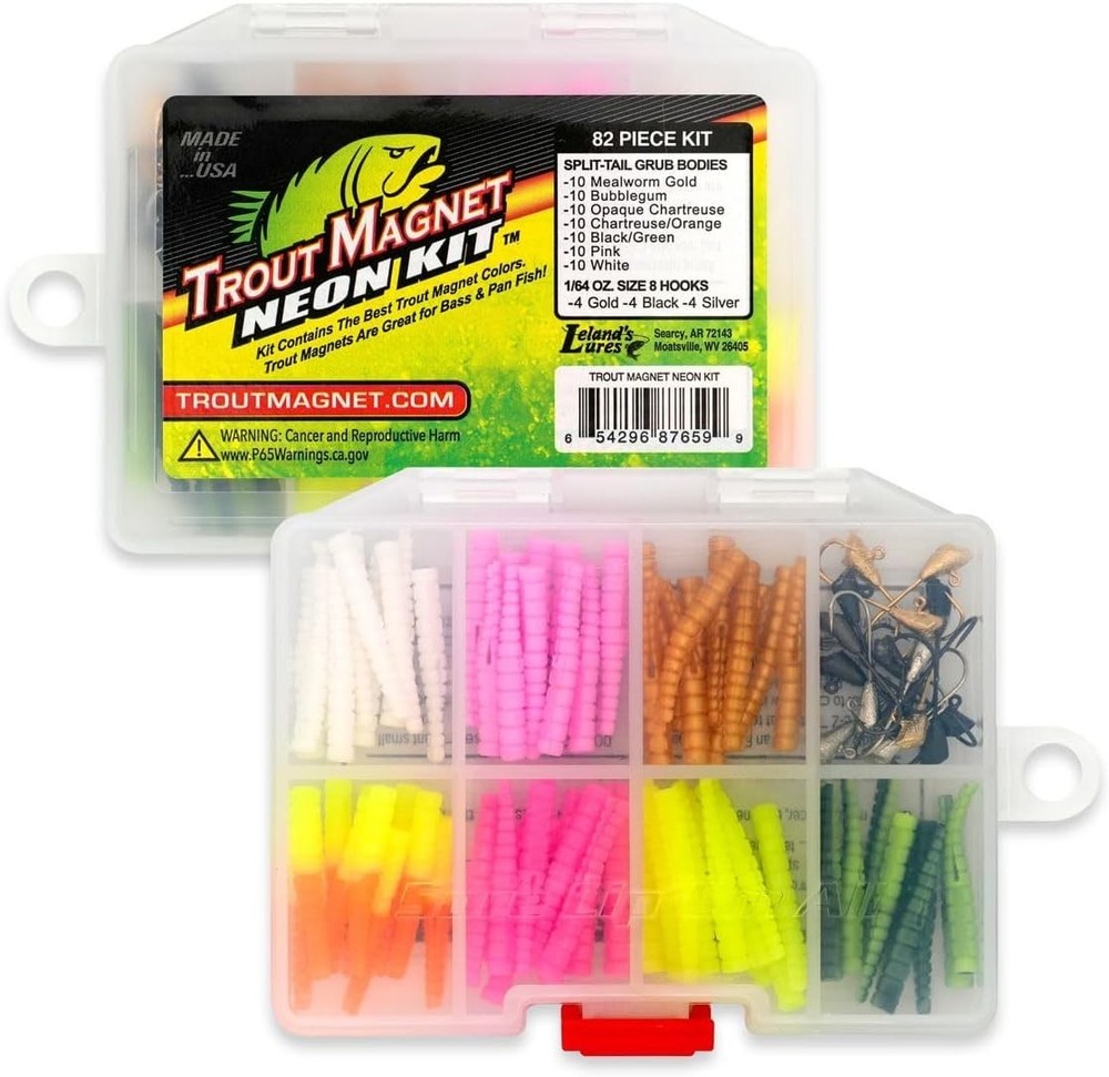 82-Piece Neon Fishing Gear Kit: 70 Grub Bodies & 12 Hooks for Trout Fishing