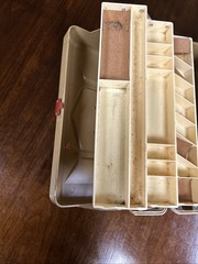 Vintage Old Pal Tackle Box Tan Made In USA Bi-fold 6 Trays Collectible W LURES