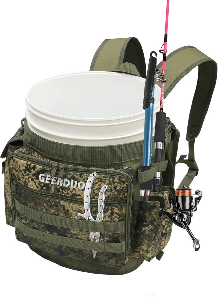 Fishing Bucket Backpack with Rod & Plier Holder and Pockets for Fishing, Hunting