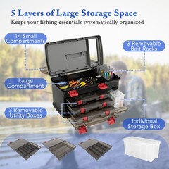 5 Layers Fishing Tackle Box w/ Dividers & Top Storage 3 Removable Utility Boxes