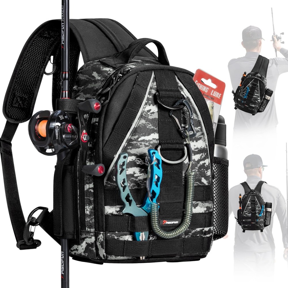 Fishing Backpack, Rod Holders, Lightweight Sling Bag, Black Camo