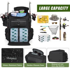 Fishing Backpack with Rod Holders, 45L Large Water-Resistant Tackle Box Black