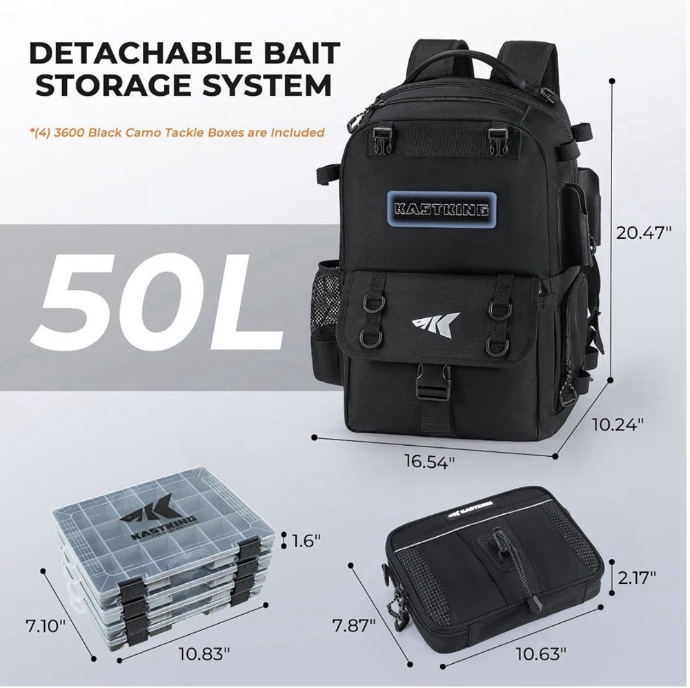 KastKing BaitSpace 50L Fishing Tackle Backpack with Removable Bait Binder NWT