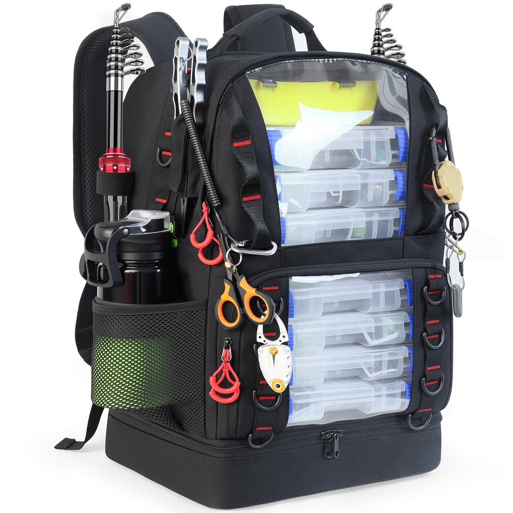 Fishing Tackle Backpack with Cooler,45L Large Tackle Bag with 2 Rod Holders