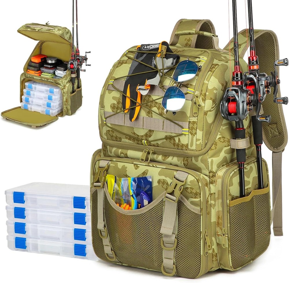 45L Fishing Backpack with Rod Holders & Rain Cover – Water-Resistant Camo Bag